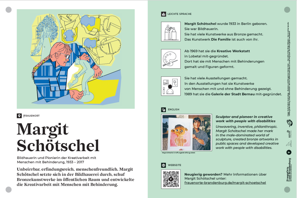 Bild der FrauenOrte-Tafel für Margit Schötschel. Die linke Tafelhälfte trägt den Titel "Margit Schötschel". Darüber ist Schötschel bei der bildhauerischen Tätigkeit abgebildet. Auf der rechten Tafelseite befindet sich oben ein Text über Margit Schötschel in Leichter Sprache und unten eine kurze Zusammenfassung auf Englisch.